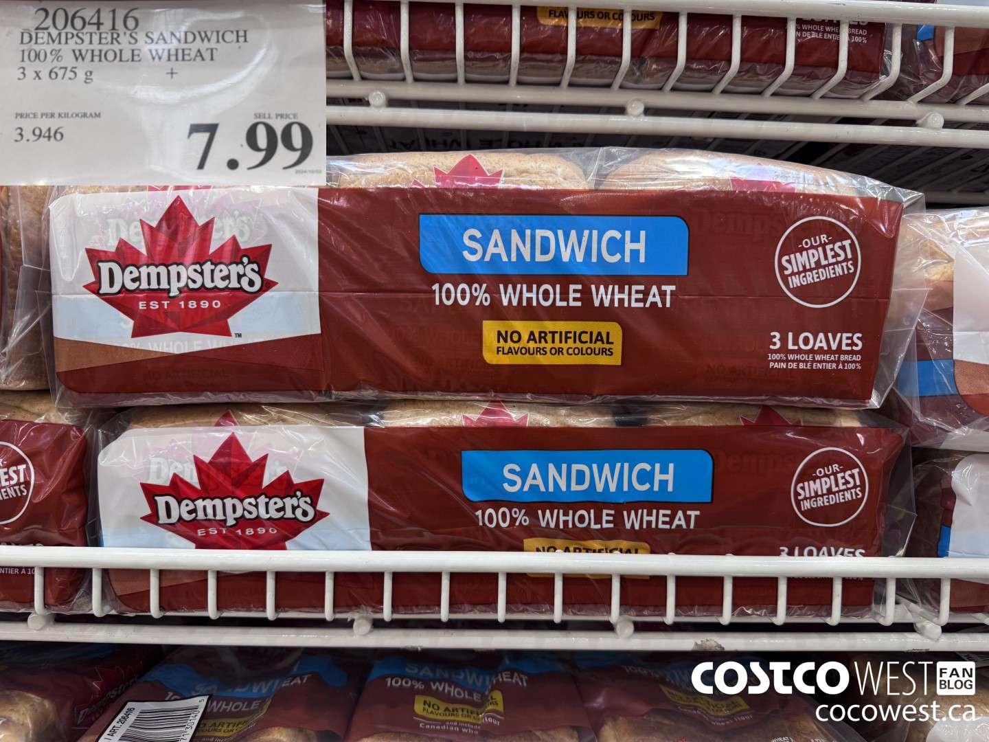206416 DEMPSTER'S SANDWICH 100% WHOLE WHEAT PACK OF 3 x 675 g $7.99