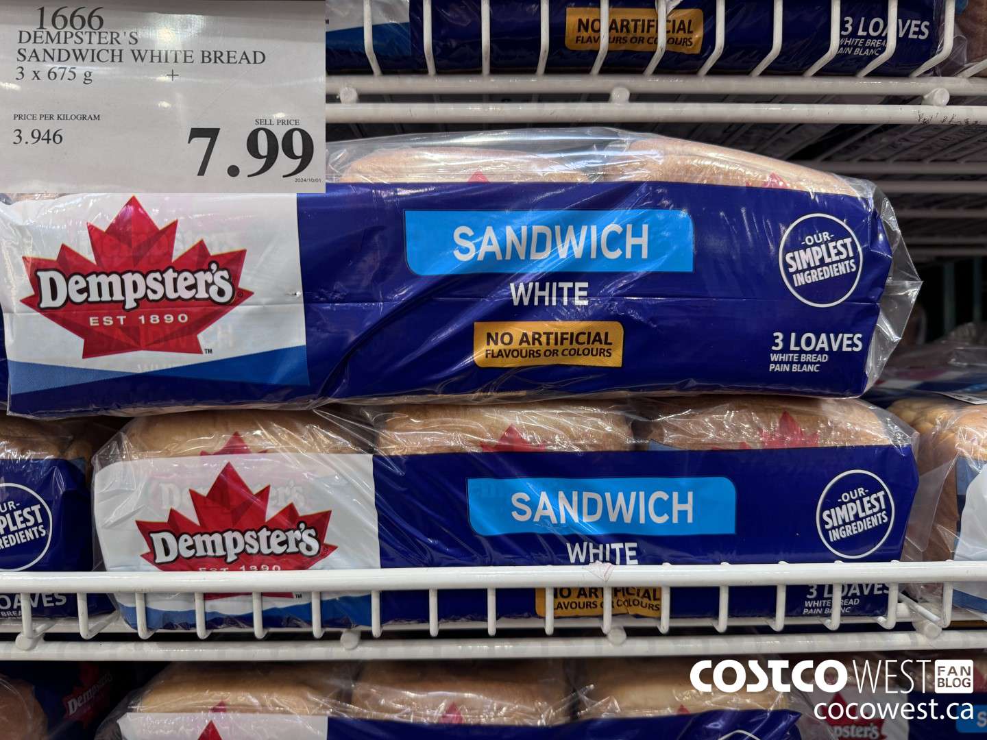 1666 DEMPSTER'S SANDWICH WHITE BREAD PACK OF 3 x 675 g $7.99