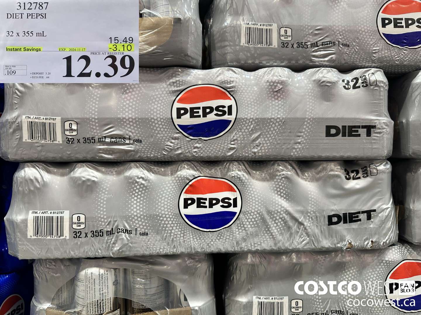 312787 DIET PEPSI 32 X 355 ML ($3.10 INSTANT SAVINGS EXPIRES ON 2024-11-17) $12.39