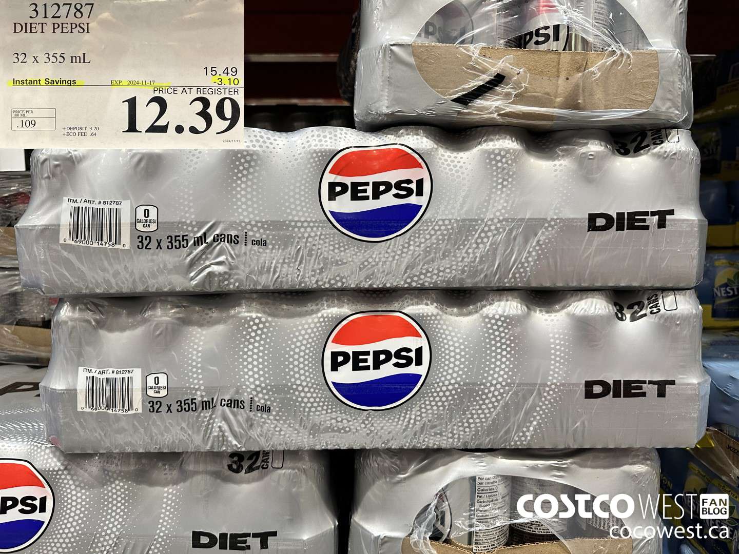 312787 DIET PEPSI 32 X 355 ML ($3.10 INSTANT SAVINGS EXPIRES ON 2024-11-17) $12.39
