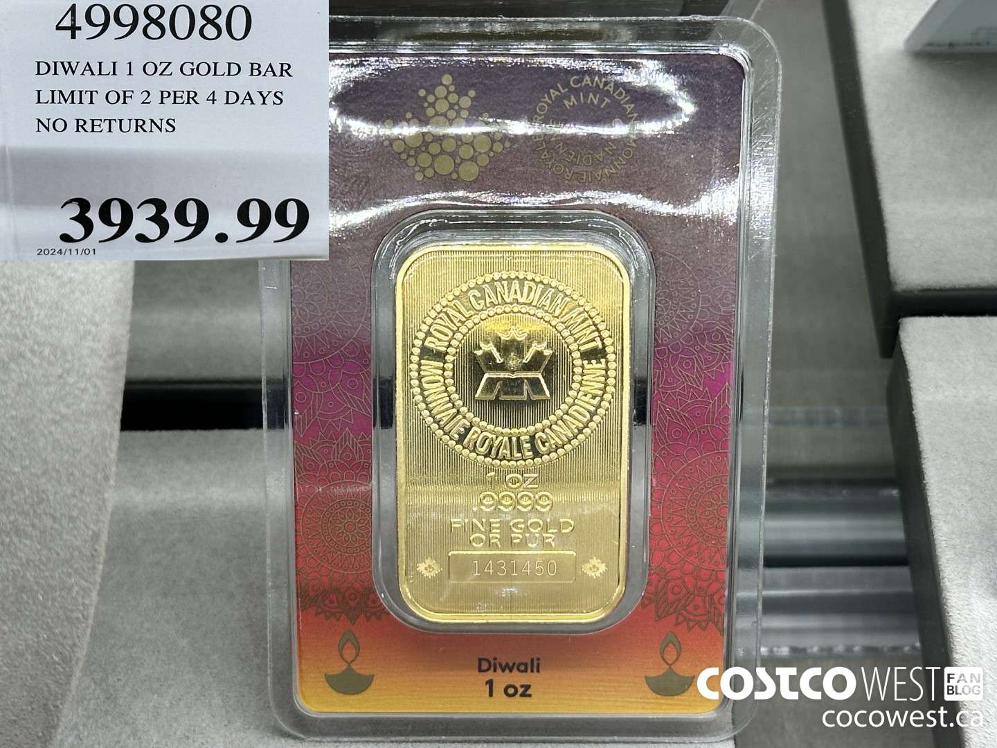 4998080 DIWALI 1 OZ GOLD BAR LIMIT OF 2 PER 4 DAYS NO RETURNS $3939.99