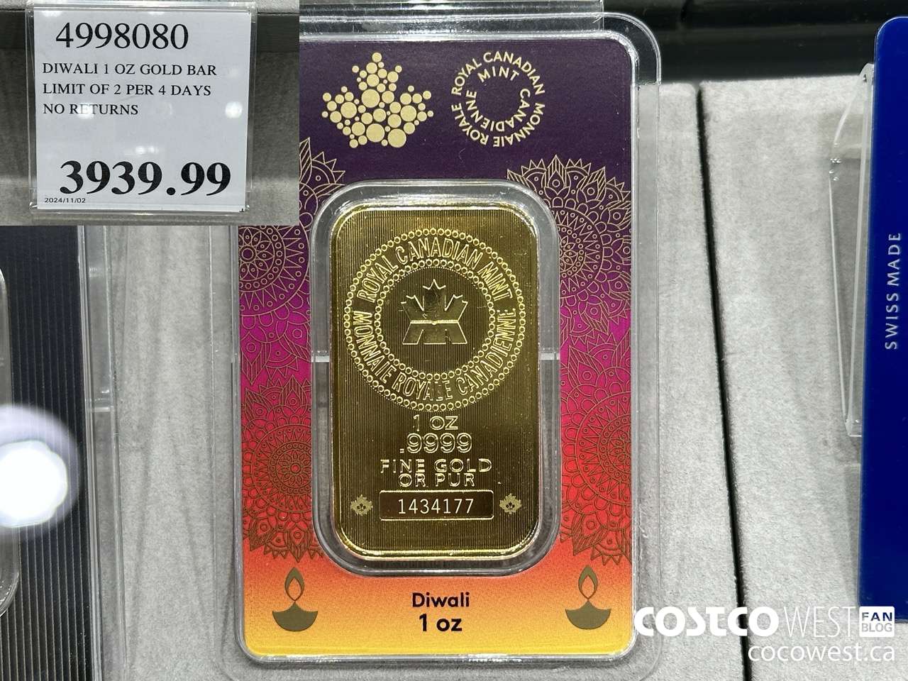 4998080 DIWALI 1 OZ GOLD BAR LIMIT OF 2 PER 4 DAYS NO RETURNS $3939.99