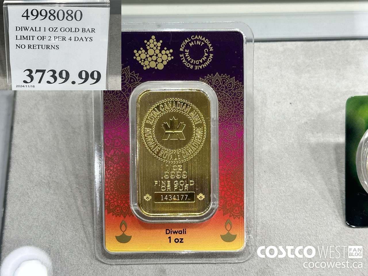 4998080 DIWALI 1 OZ GOLD BAR LIMIT OF 2 PER 4 DAYS NO RETURNS $3739.99