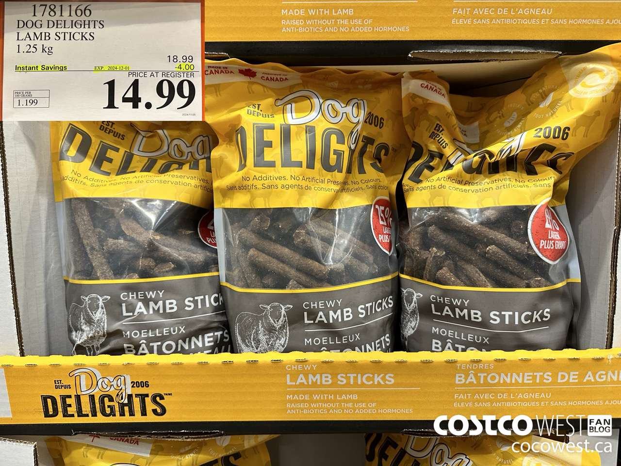 1781166 DOG DELIGHTS LAMB STICKS 1.25KG ($4.00 INSTANT SAVINGS EXPIRES ON 2024-12-01) $14.99