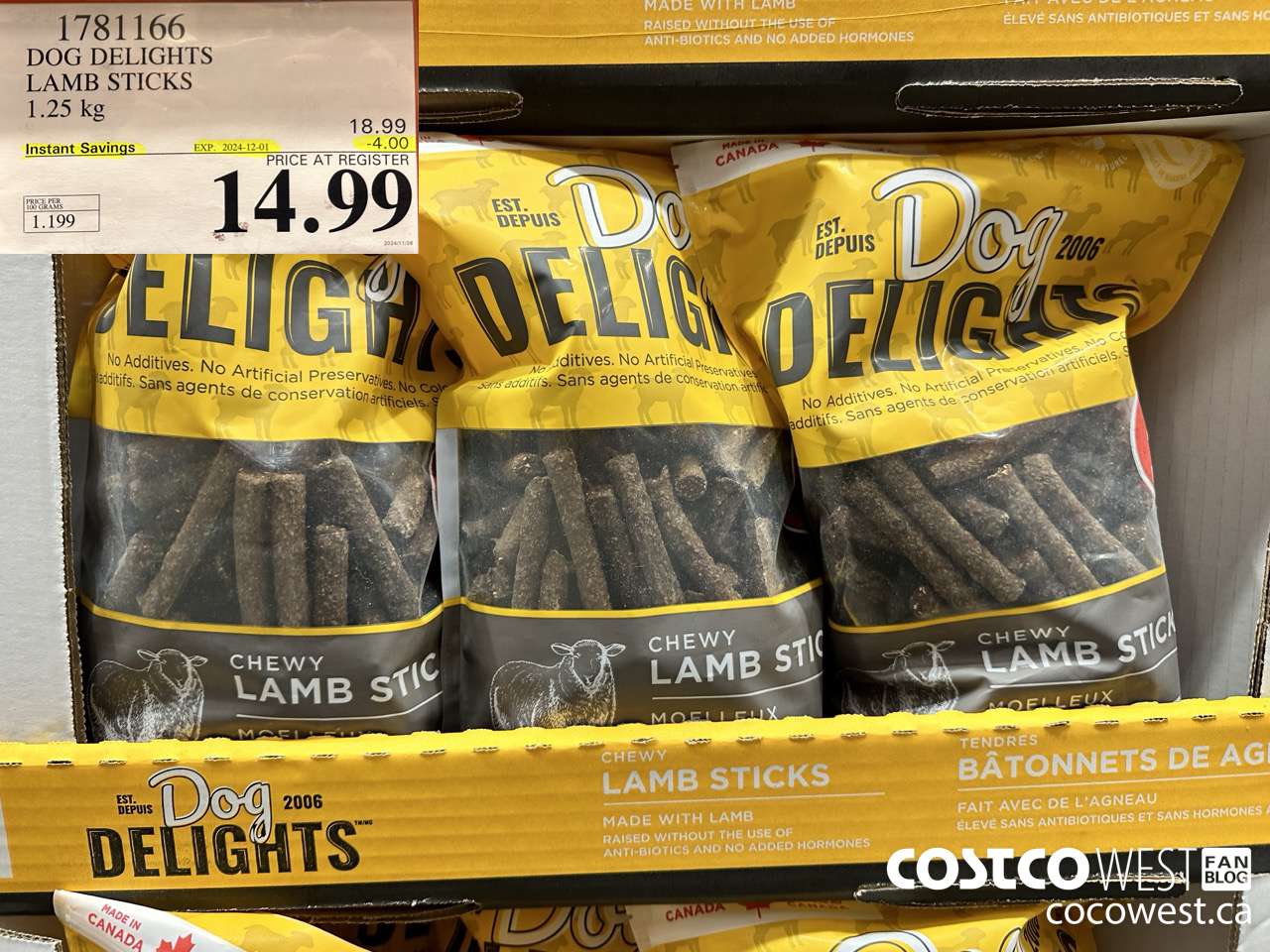 1781166 DOG DELIGHTS LAMB STICKS 1.25KG ($4.00 INSTANT SAVINGS EXPIRES ON 2024-12-01) $14.99
