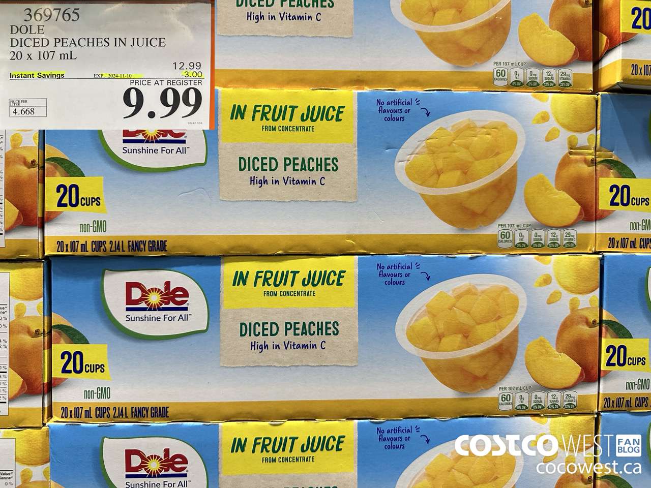 369765 DOLE DICED PEACHES IN JUICE 20 X 107ML ($3.00 INSTANT SAVINGS EXPIRES ON 2024-11-10) $9.99
