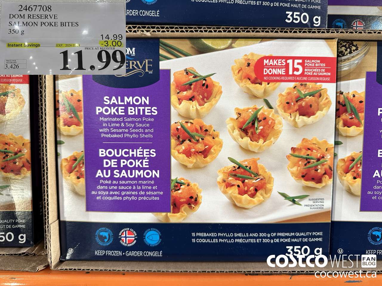 2467708 DOM RESERVE SALMON POKE BITES 350G ($3.00 INSTANT SAVINGS EXPIRES ON 2024-11-24) $11.99