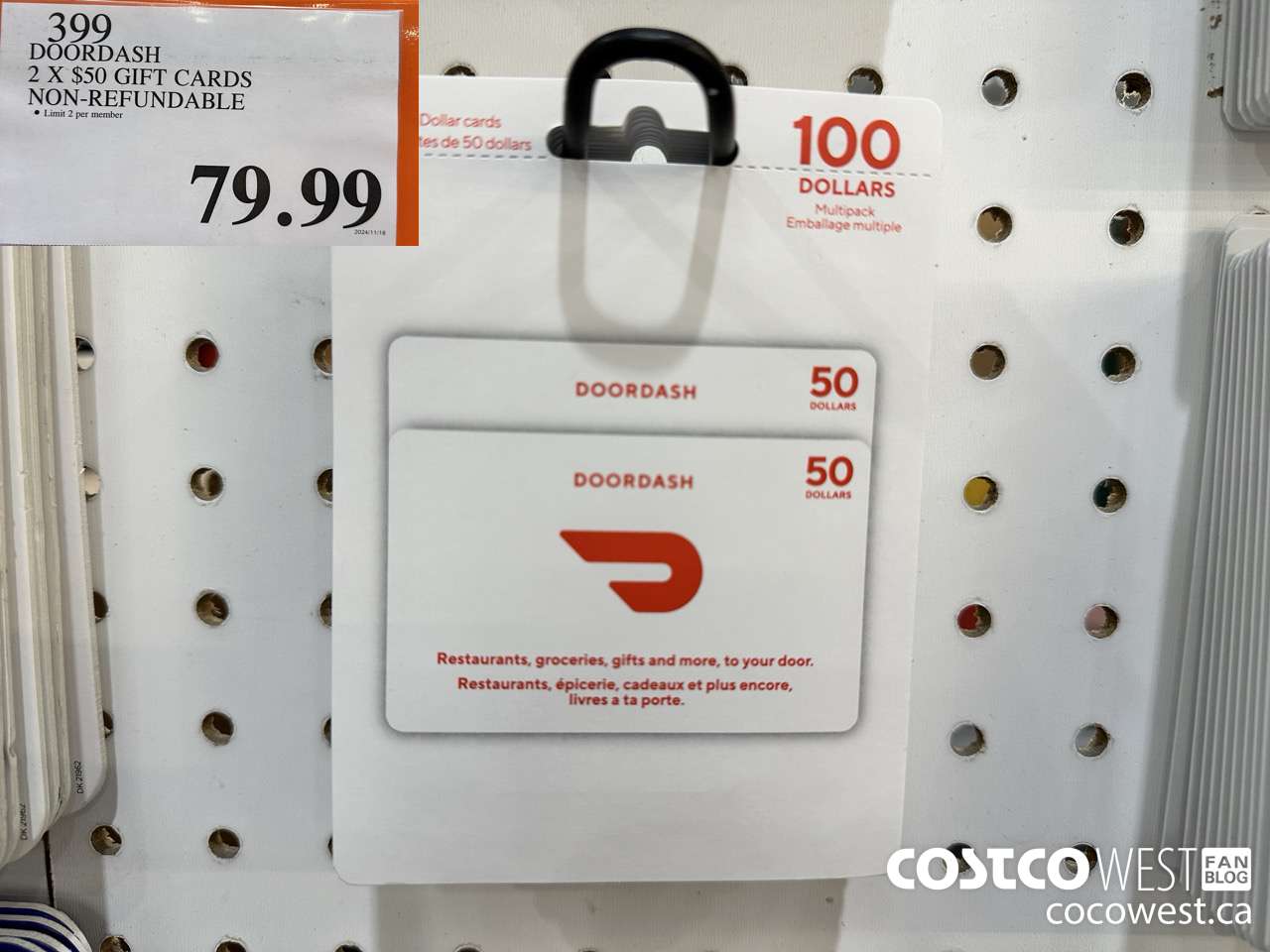 399 DOORDASH 2 X $50 GIFT CARDS NON-REFUNDABLE $79.99
