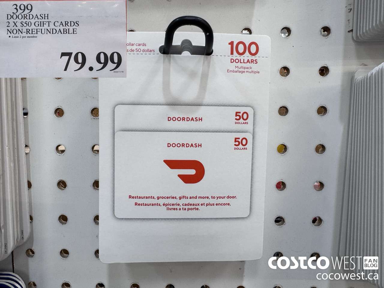399 DOORDASH 2 X $50 GIFT CARDS NON-REFUNDABLE $79.99