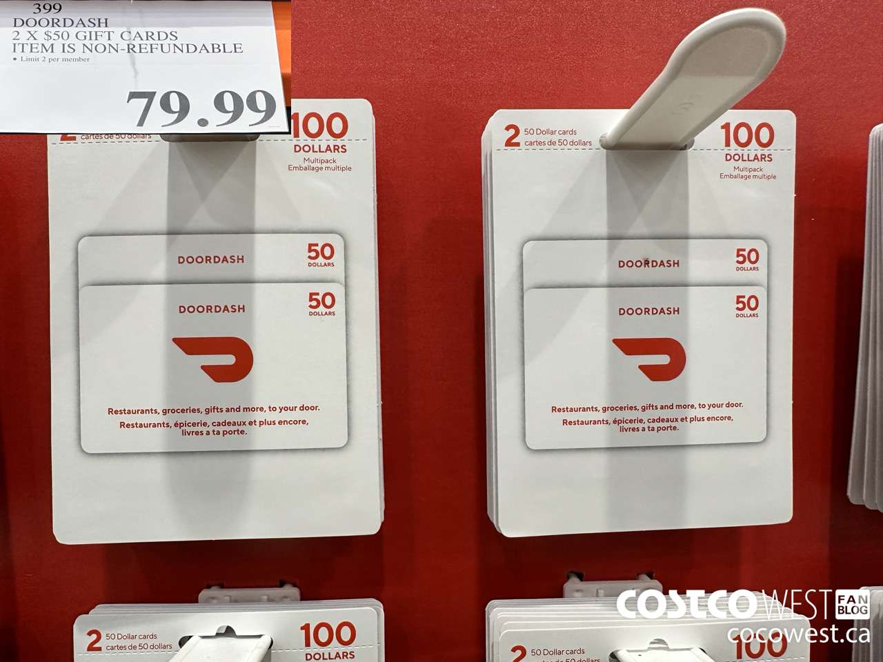 399 DOORDASH 2 X $50 GIFT CARDS NON-REFUNDABLE $79.99