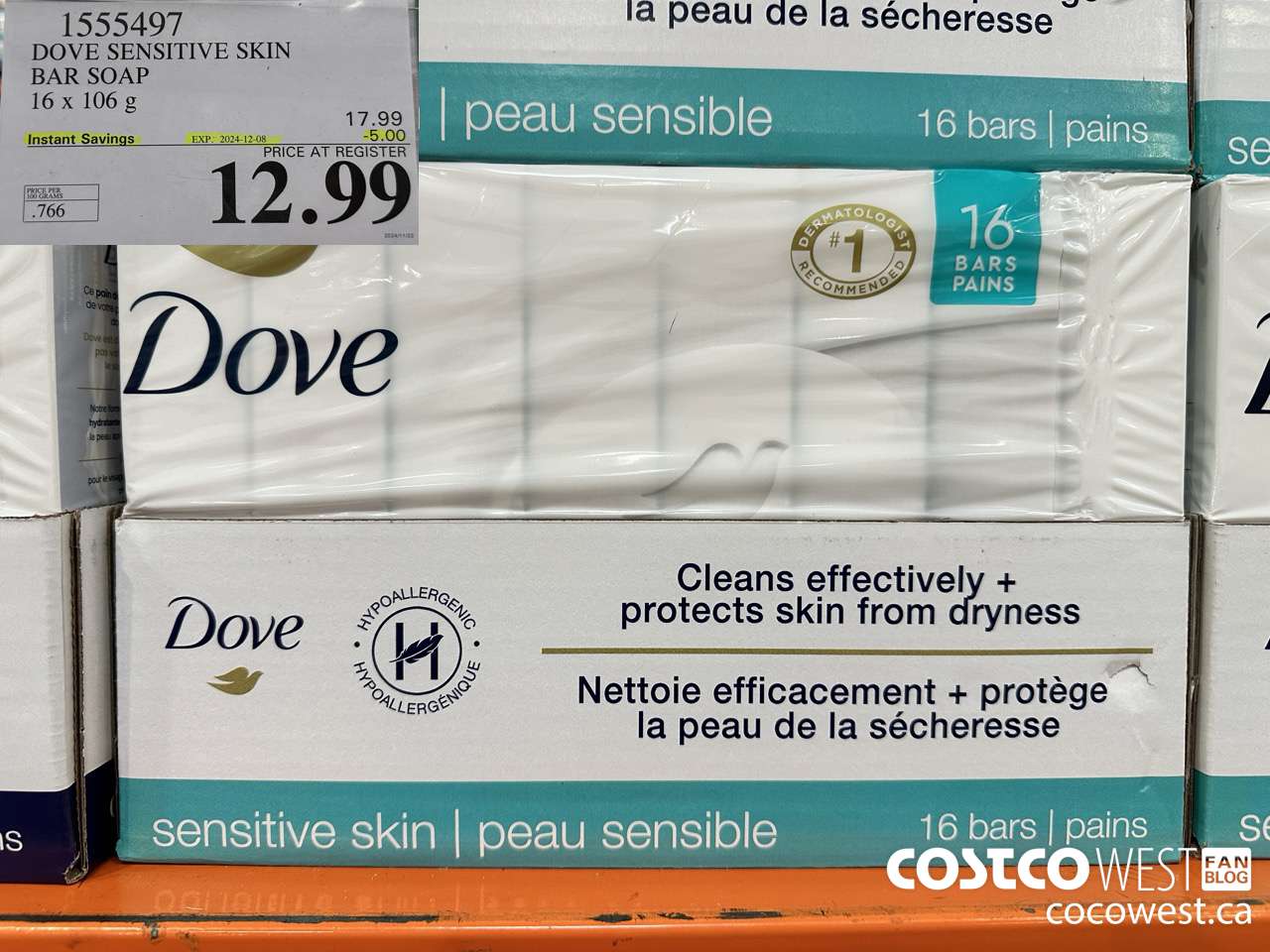 1555497 DOVE BAR SOAP SENSITIVE SKIN 16 x 106 g ($5.00 INSTANT SAVINGS EXPIRES ON 2024-12-08) $12.99