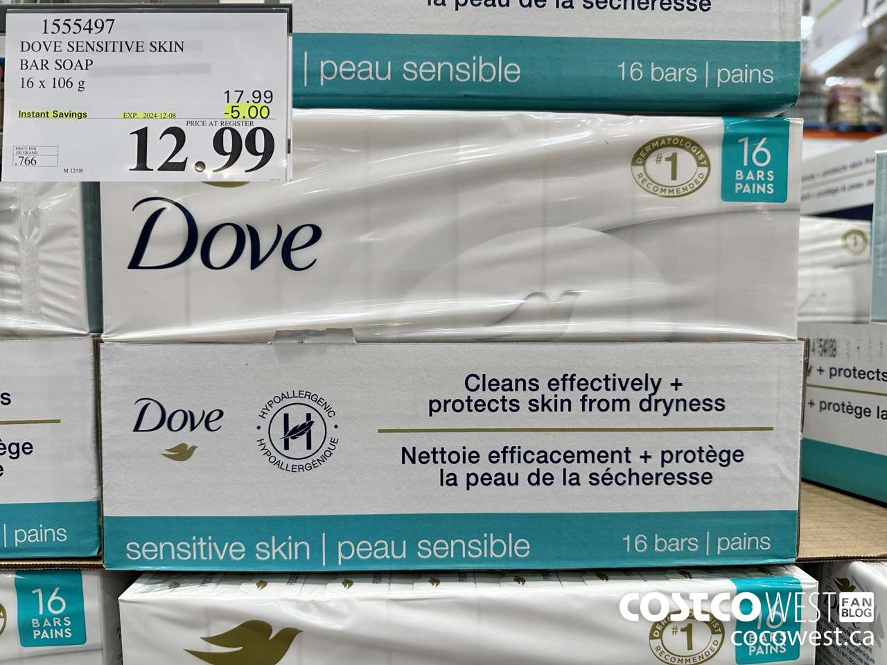 1555497 DOVE BAR SOAP SENSITIVE SKIN 16 x 106 g ($5.00 INSTANT SAVINGS EXPIRES ON 2024-12-08) $12.99