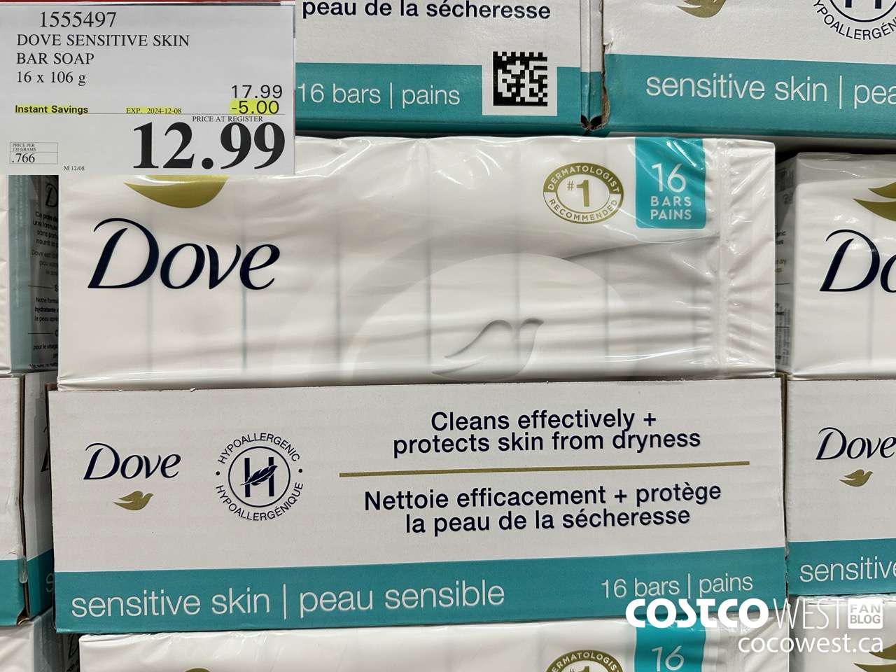 1555497 DOVE BAR SOAP SENSITIVE SKIN 16 x 106 g ($5.00 INSTANT SAVINGS EXPIRES ON 2024-12-08) $12.99