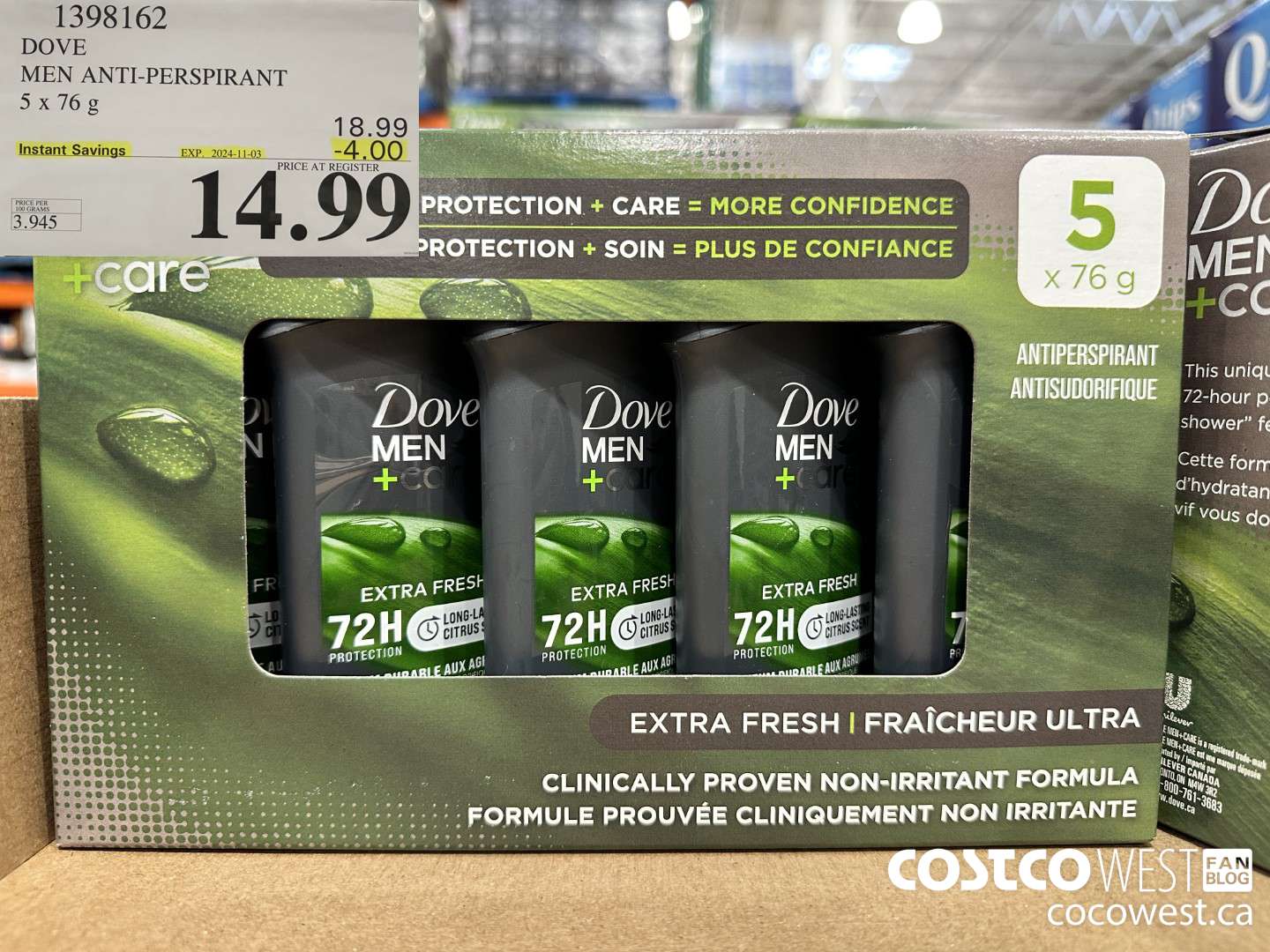 1398162 DOVE MEN ANTI-PERSPIRANT 5 X 76G ($4.00 INSTANT SAVINGS EXPIRES ON 2024-11-03) $14.99