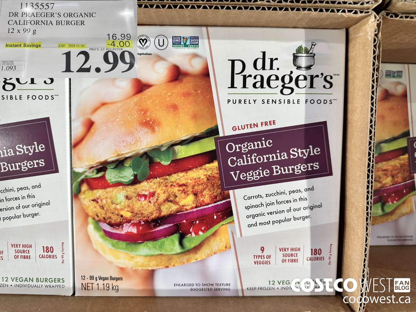 1135557 DR PRAEGER'S ORGANIC CALIFORNIA BURGER 12 x 99 g ($4.00 INSTANT SAVINGS EXPIRES ON 2024-11-10) $12.99