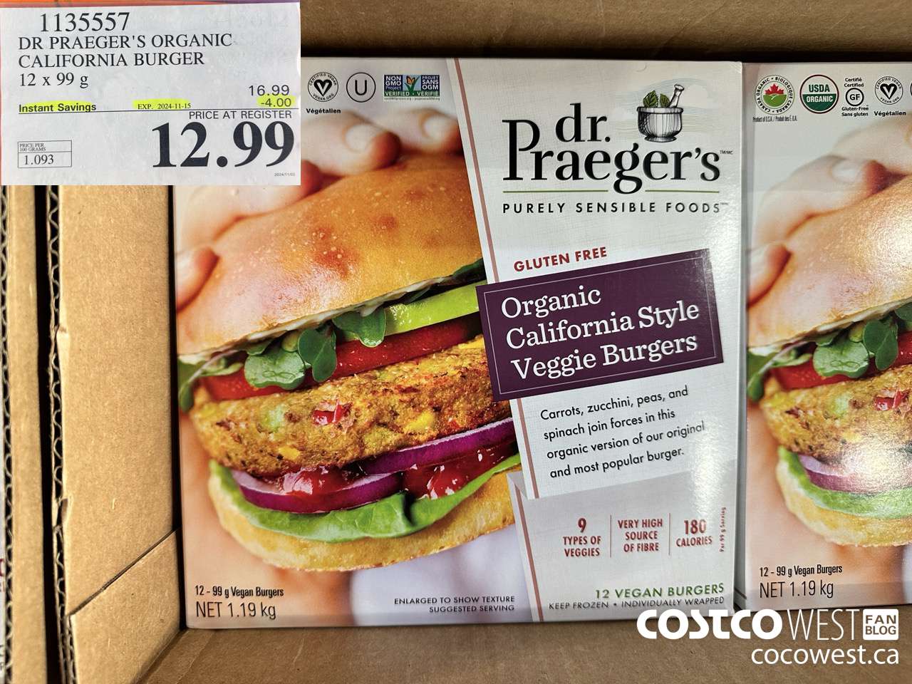 1135557 DR PRAEGER'S ORGANIC CALIFORNIA BURGER 12 x 99 g ($4.00 INSTANT SAVINGS EXPIRES ON 2024-11-15) $12.99