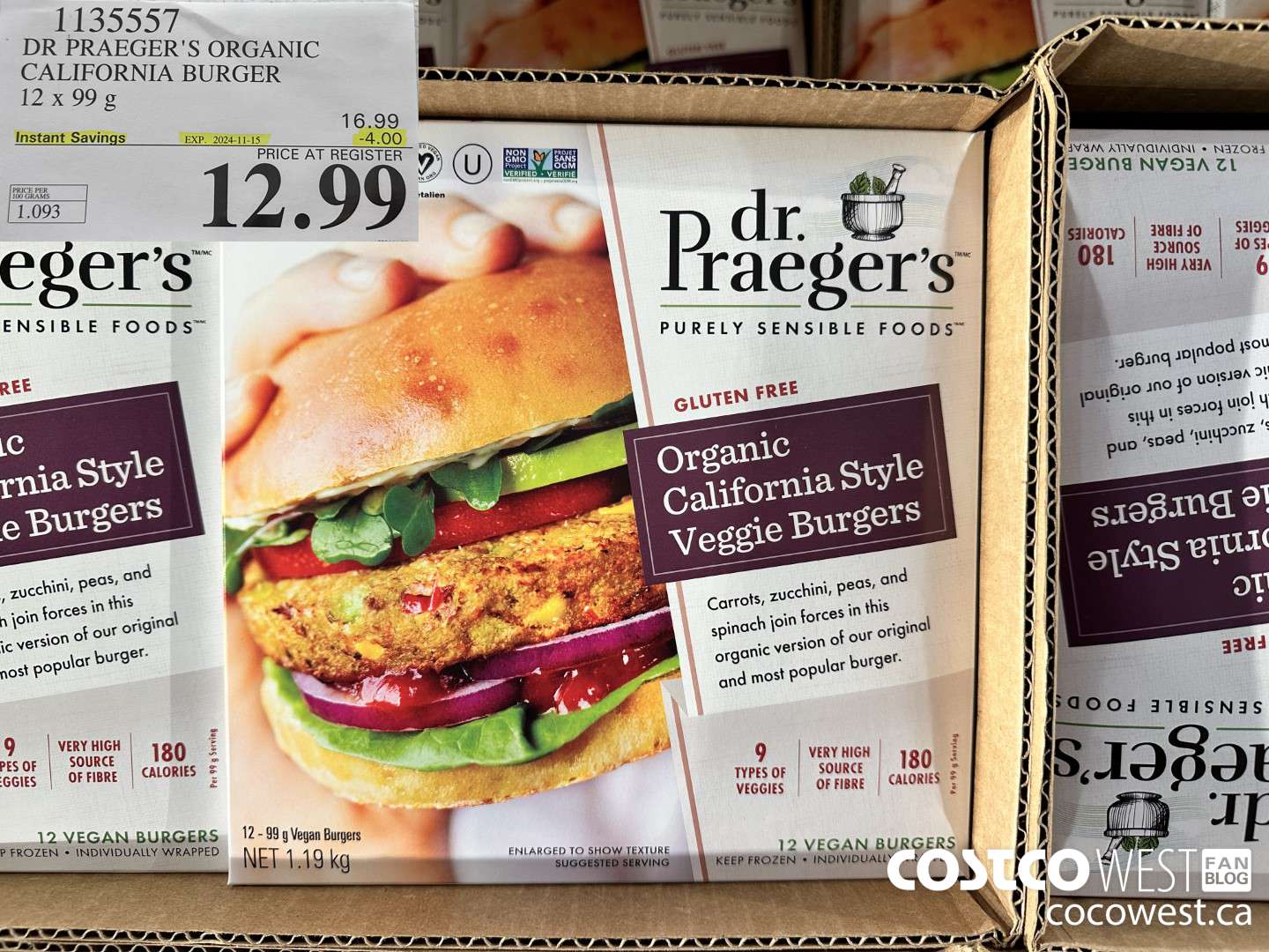 1135557 DR PRAEGER'S ORGANIC CALIFORNIA BURGER 12 x 99 g ($4.00 INSTANT SAVINGS EXPIRES ON 2024-11-15) $12.99
