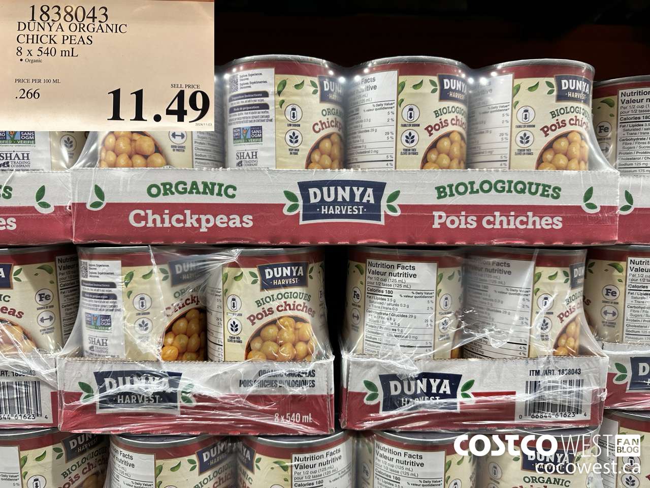 1838043 DUNYA ORGANIC CHICK PEAS 8 X 540ML $11.49