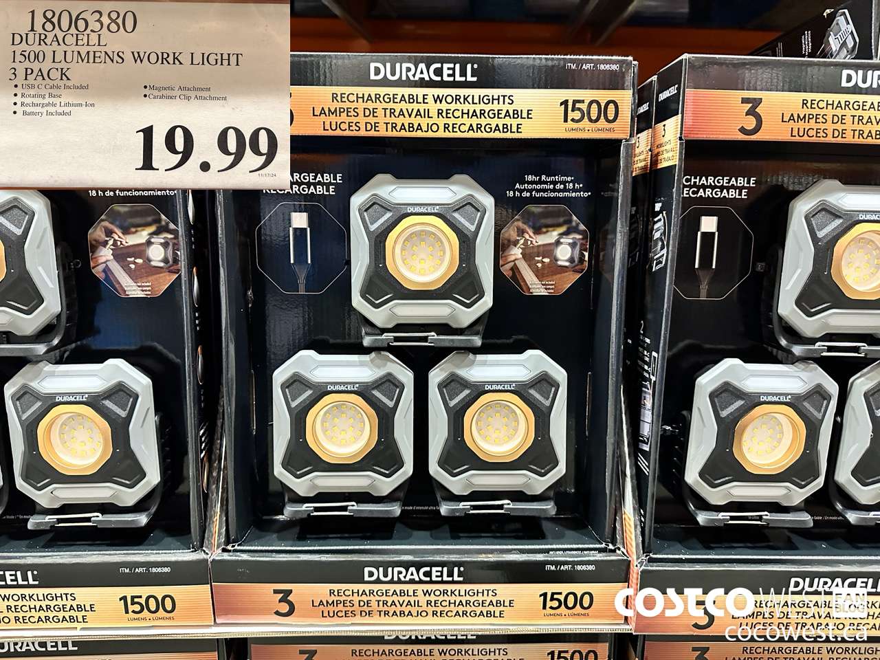 1806380 DURACELL 1500 LUMENS WORK LIGHT 3 PACK $19.99