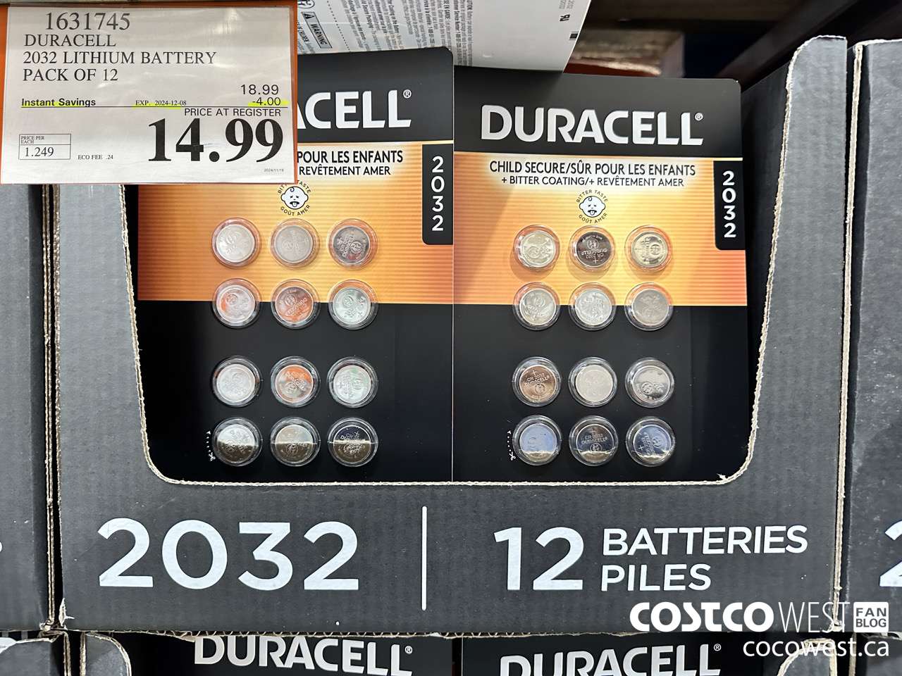1631745 DURACELL 2032 LITHIUM BATTERY PACK OF 12 ($4.00 INSTANT SAVINGS EXPIRES ON 2024-12-08) $14.99