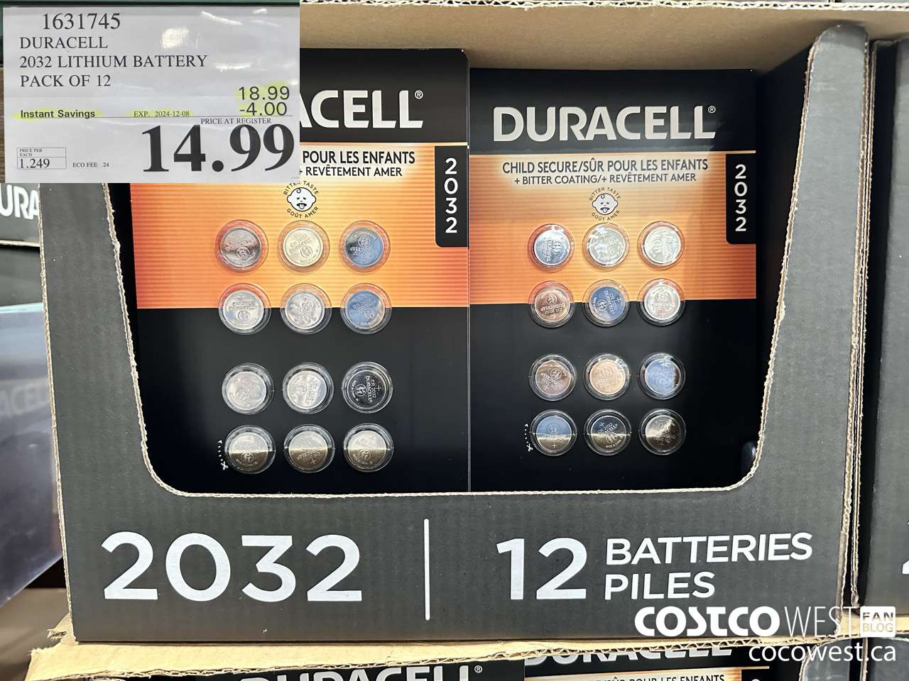 1631745 DURACELL 2032 LITHIUM BATTERY PACK OF 12 ($4.00 INSTANT SAVINGS EXPIRES ON 2024-12-08) $14.99