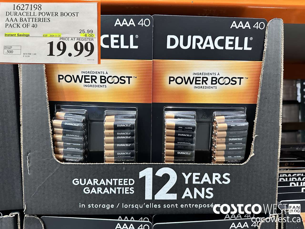 1627198 DURACELL POWER BOOST AAA BATTERIES PACK OF 40 ($6.00 INSTANT SAVINGS EXPIRES ON 2024-11-24) $19.99