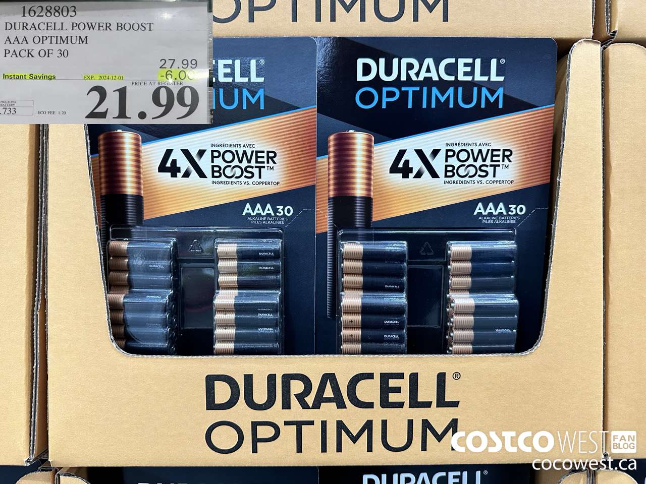 1628803 DURACELL POWER BOOST AAA OPTIMUM PACK OF 30 ($6.00 INSTANT SAVINGS EXPIRES ON 2024-12-01) $21.99