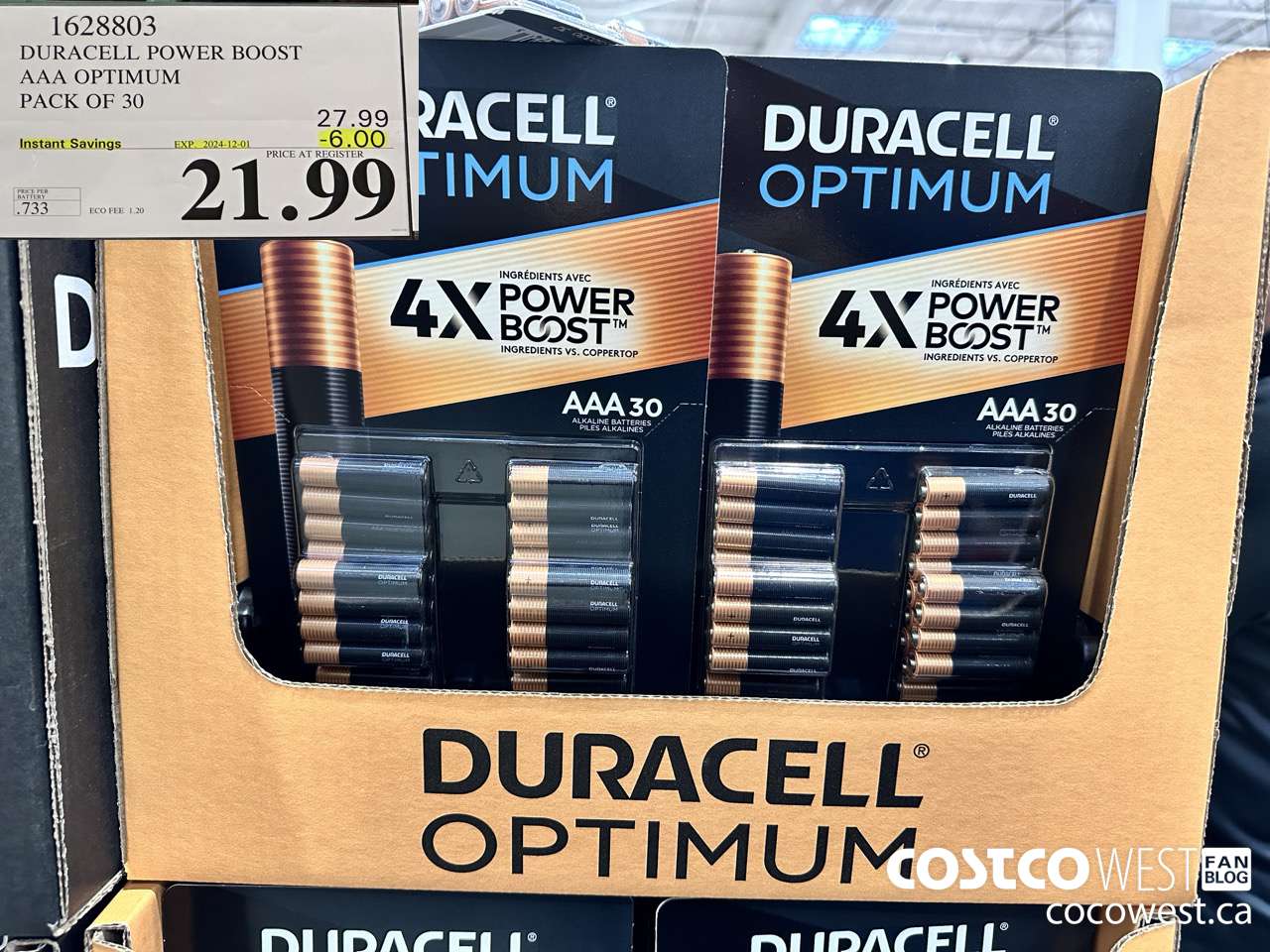 1628803 DURACELL POWER BOOST AAA OPTIMUM PACK OF 30 ($6.00 INSTANT SAVINGS EXPIRES ON 2024-12-01) $21.99