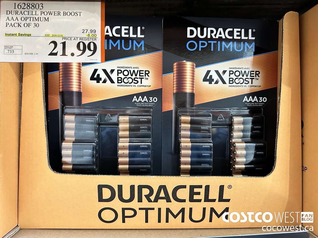 1628803 DURACELL POWER BOOST AAA OPTIMUM PACK OF 30 ($6.00 INSTANT SAVINGS EXPIRES ON 2024-12-01) $21.99
