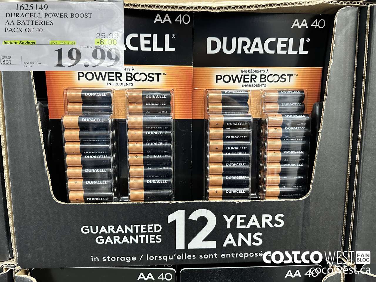 1625149 DURACELL POWER BOOST AA BATTERIES PACK OF 40 ($6.00 INSTANT SAVINGS EXPIRES ON 2024-11-24) $19.99