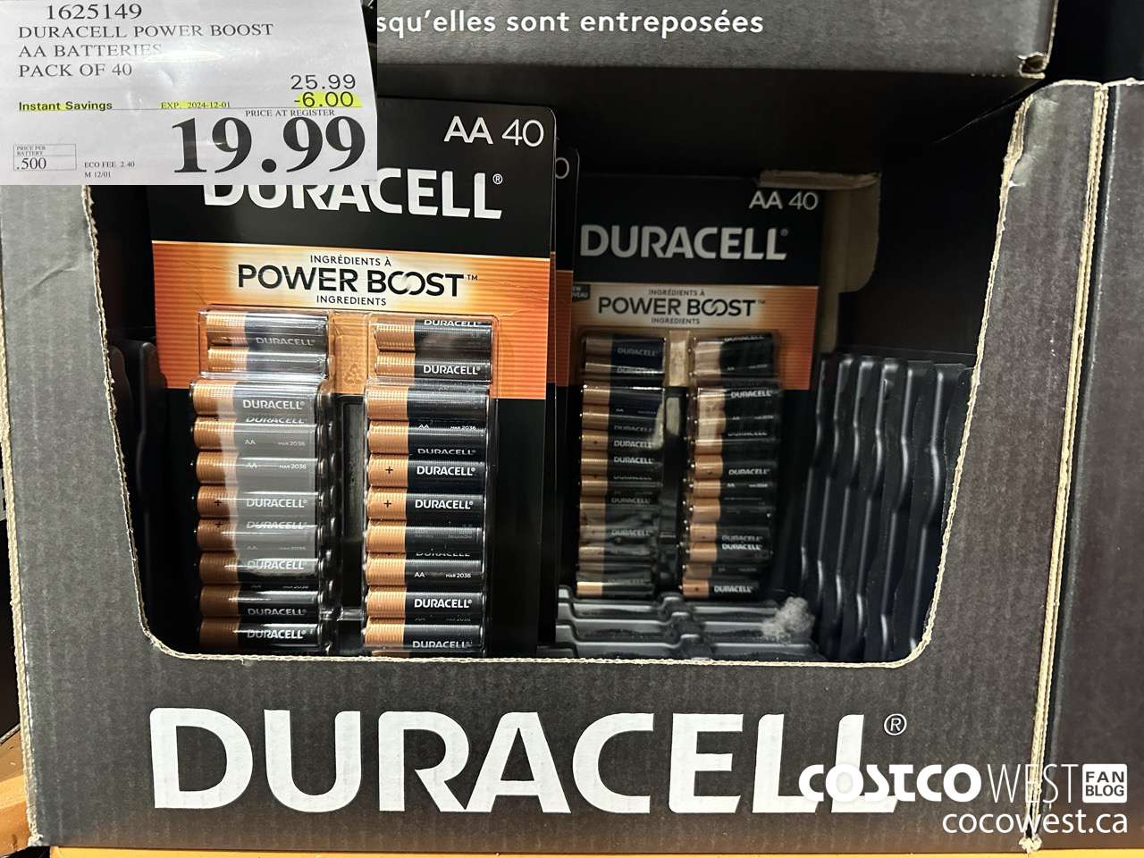 1625149 DURACELL POWER BOOST AA BATTERIES PACK OF 40 ($6.00 INSTANT SAVINGS EXPIRES ON 2024-12-01) $19.99