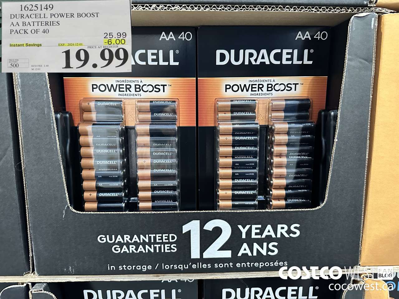 1625149 DURACELL POWER BOOST AA BATTERIES PACK OF 40 ($6.00 INSTANT SAVINGS EXPIRES ON 2024-12-01) $19.99