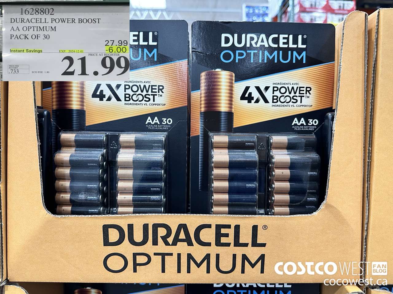 1628802 DURACELL POWER BOOST AA OPTIMUM PACK OF 30 ($6.00 INSTANT SAVINGS EXPIRES ON 2024-12-01) $21.99