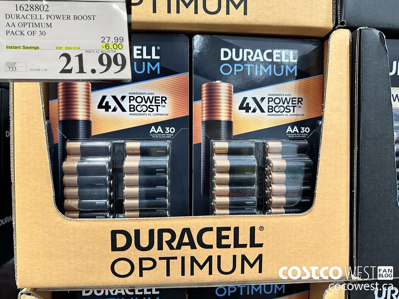 1628802 DURACELL POWER BOOST AA OPTIMUM PACK OF 30 ($6.00 INSTANT SAVINGS EXPIRES ON 2024-12-01) $21.99