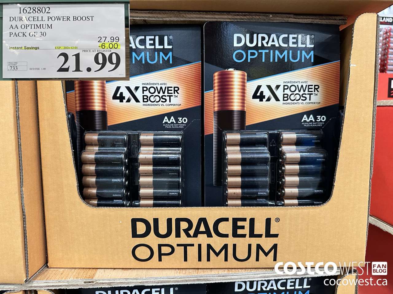 1628802 DURACELL POWER BOOST AA OPTIMUM PACK OF 30 ($6.00 INSTANT SAVINGS EXPIRES ON 2024-12-01) $21.99