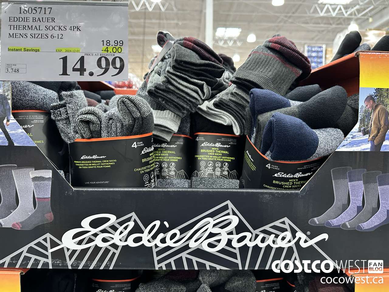 1805717 EDDIE BAUER THERMAL SOCKS 4PK MENS SIZES 6-12 ($4.00 INSTANT SAVINGS EXPIRES ON 2024-12-01) $14.99