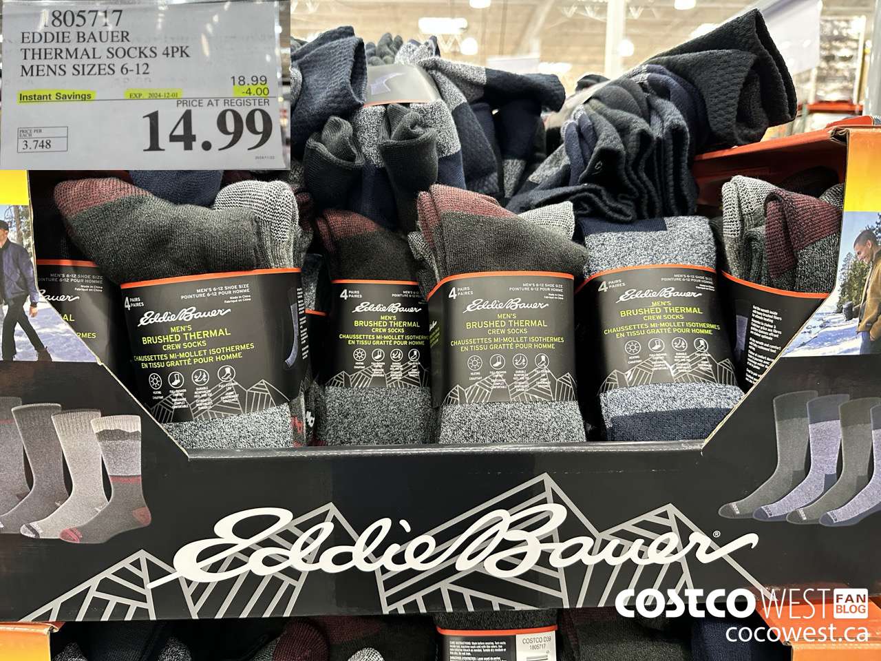 1805717 EDDIE BAUER THERMAL SOCKS 4PK MENS SIZES 6-12 ($4.00 INSTANT SAVINGS EXPIRES ON 2024-12-01) $14.99