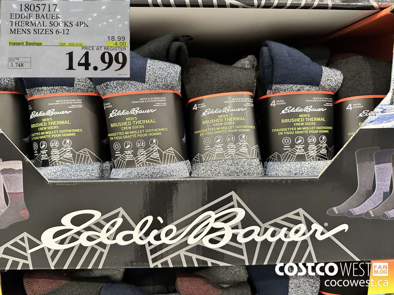 1805717 EDDIE BAUER THERMAL SOCKS 4PK MENS SIZES 6-12 ($4.00 INSTANT SAVINGS EXPIRES ON 2024-12-01) $14.99