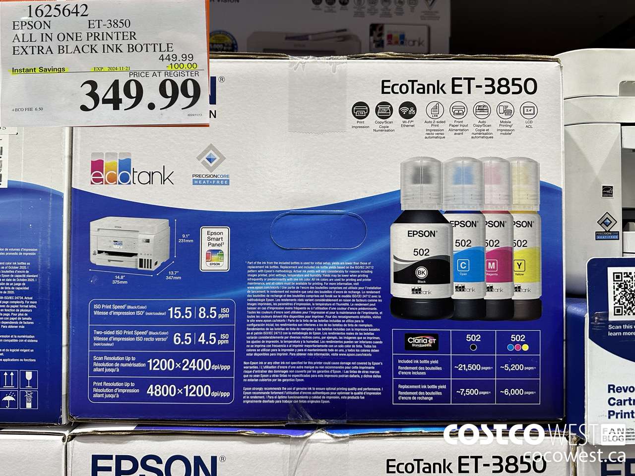 1625642 EPSON ET-3850 ALL IN ONE PRINTER ($100.00 INSTANT SAVINGS EXPIRES ON 2024-11-21) $349.99