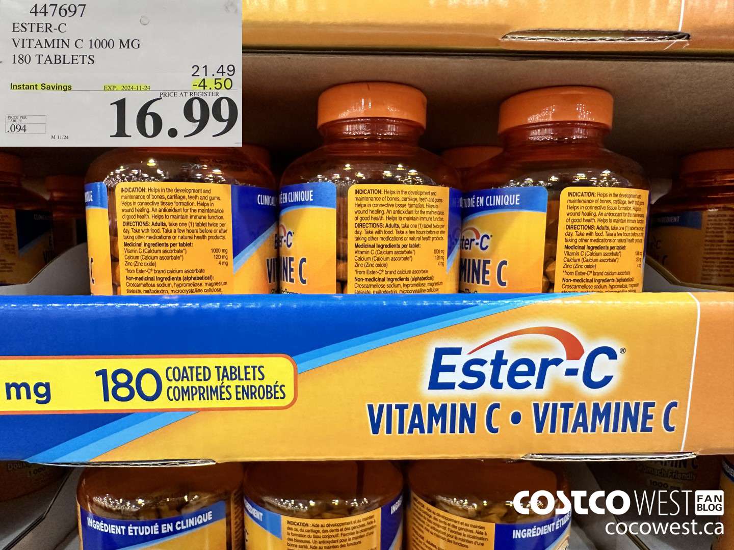 447697 ESTER-C VITAMIN C 1000 MG 180 TABLETS ($4.50 INSTANT SAVINGS EXPIRES ON 2024-11-24) $16.99