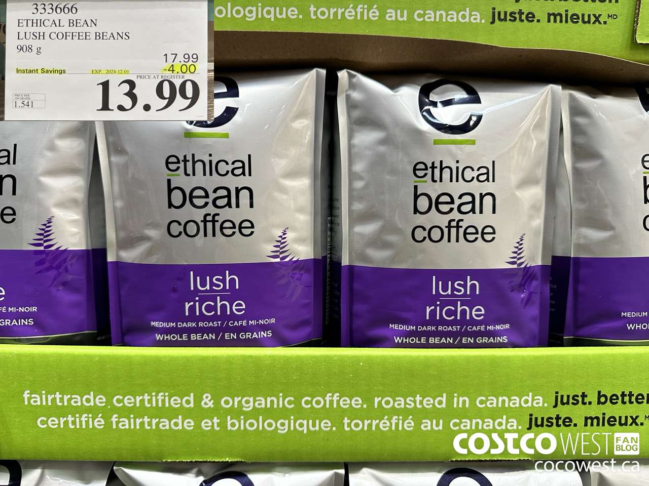 333666 ETHICAL BEAN ORGANIC LUSH COFFEE BEANS 908 g ($4.00 INSTANT SAVINGS EXPIRES ON 2024-12-01) $13.99