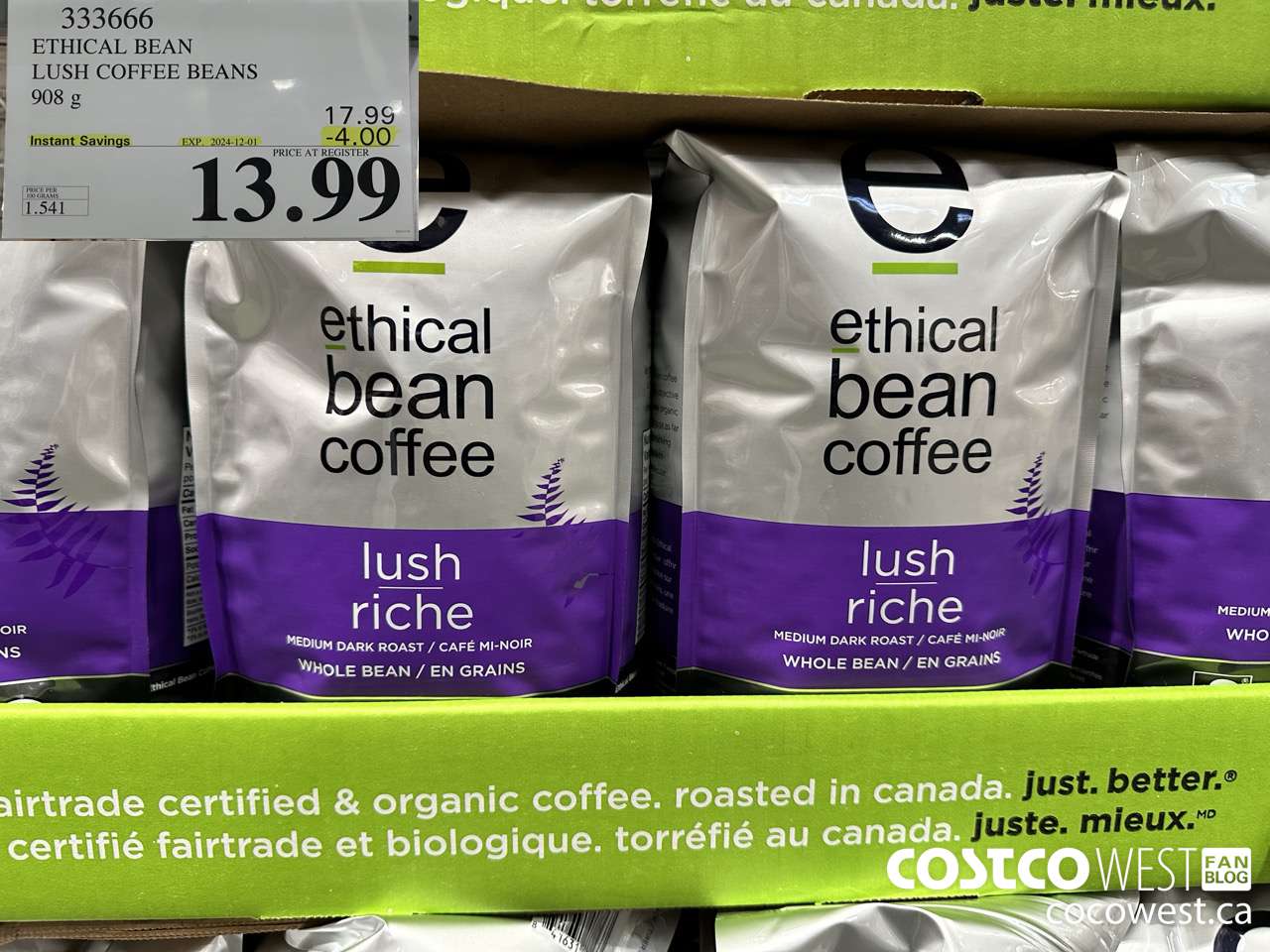 333666 ETHICAL BEAN ORGANIC LUSH COFFEE BEANS 908 g ($4.00 INSTANT SAVINGS EXPIRES ON 2024-12-01) $13.99