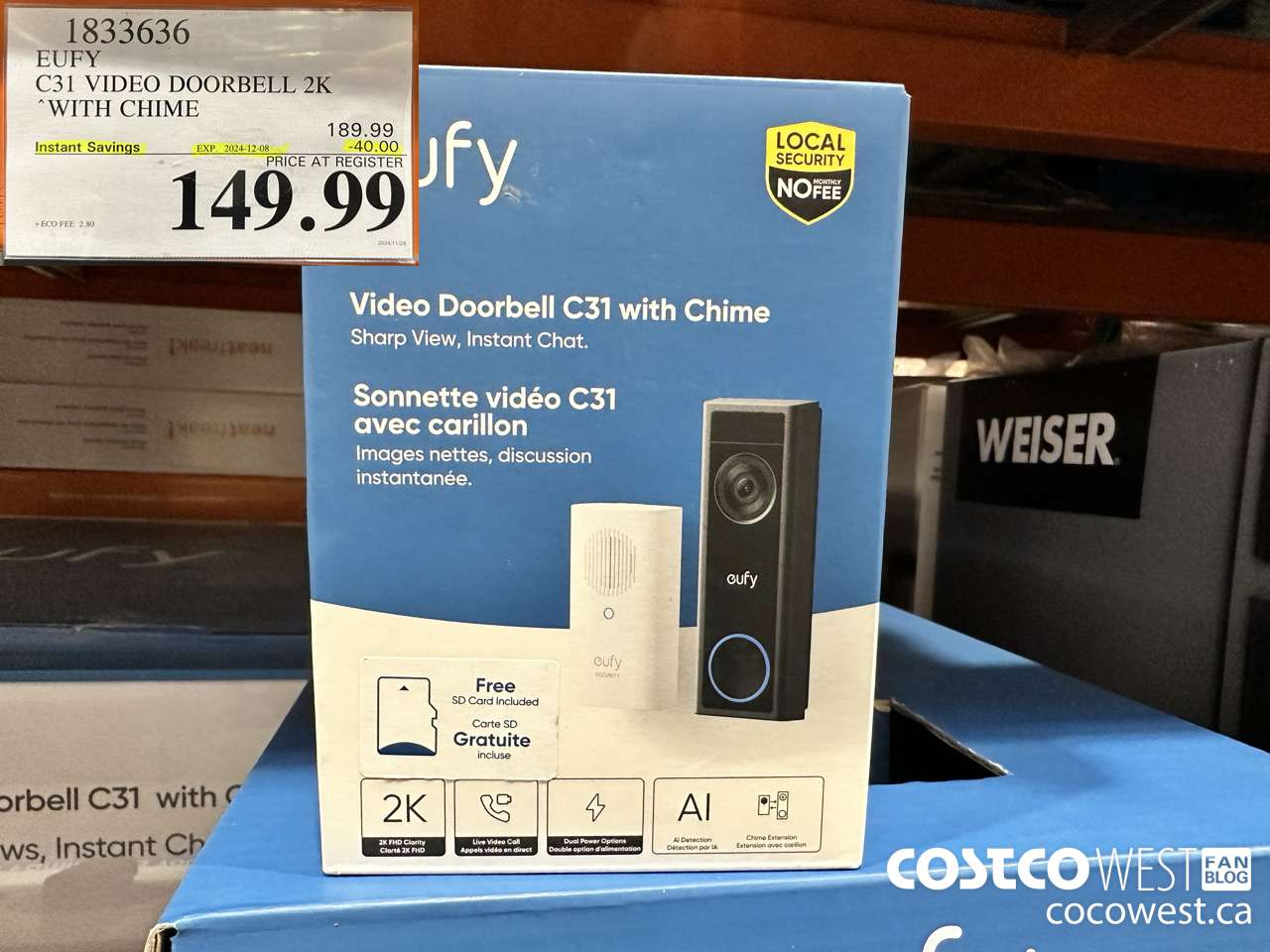 1833636 EUFY C30 VIDEO DOORBELL 2K WITH CHIME ($40.00 INSTANT SAVINGS EXPIRES ON 2024-12-08) $149.99