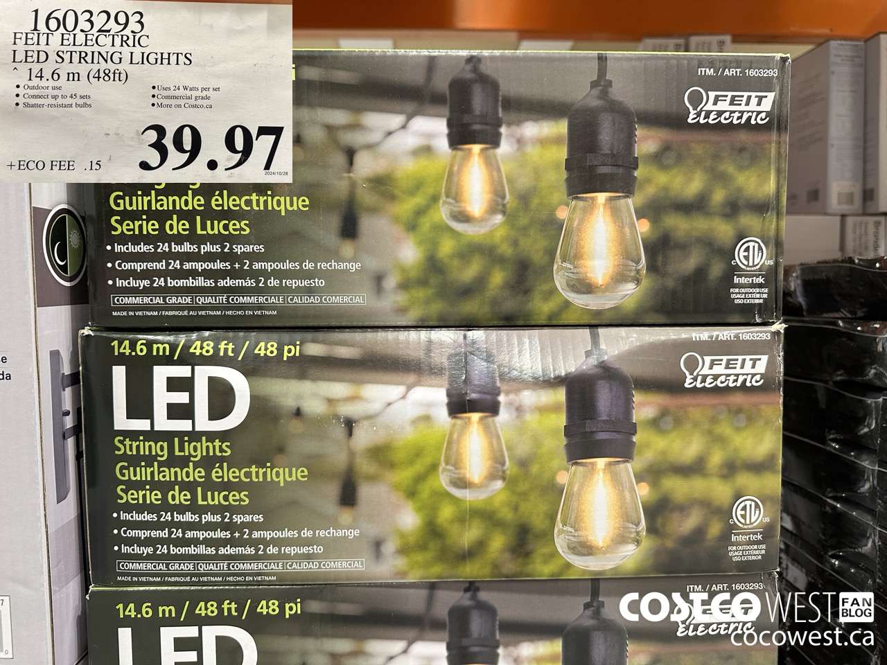 1603293 FEIT ELECTRIC LED STRING LIGHTS 14.6 M (48FT) $39.97