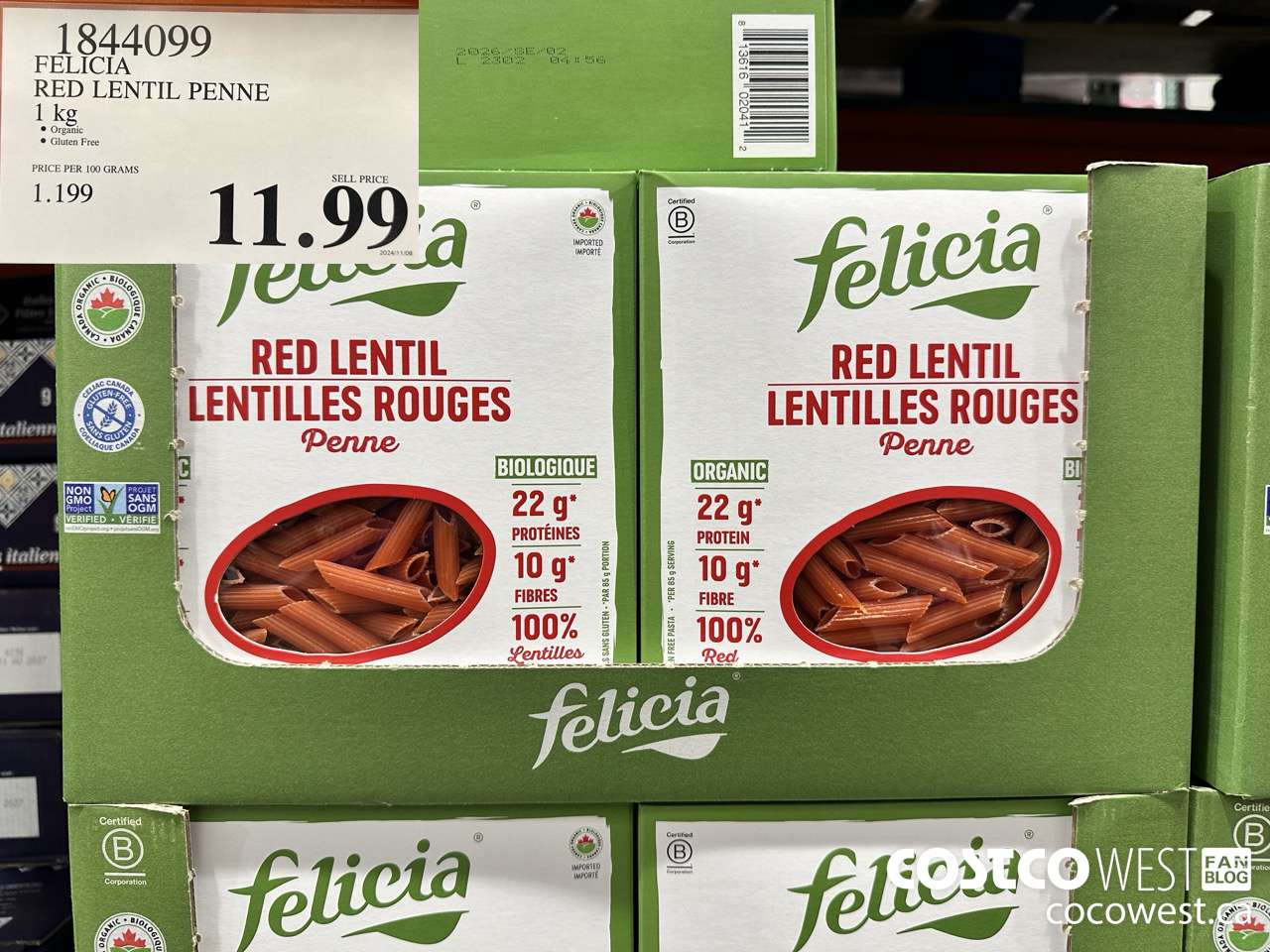 1844099 FELICIA RED LENTIL PENNE 1KG $11.99
