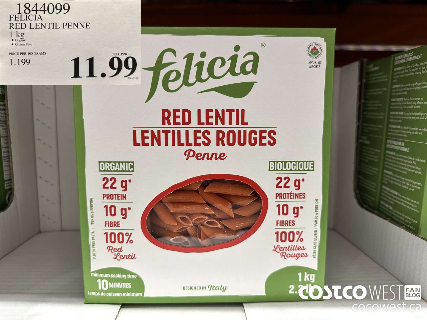 1844099 FELICIA RED LENTIL PENNE 1KG $11.99