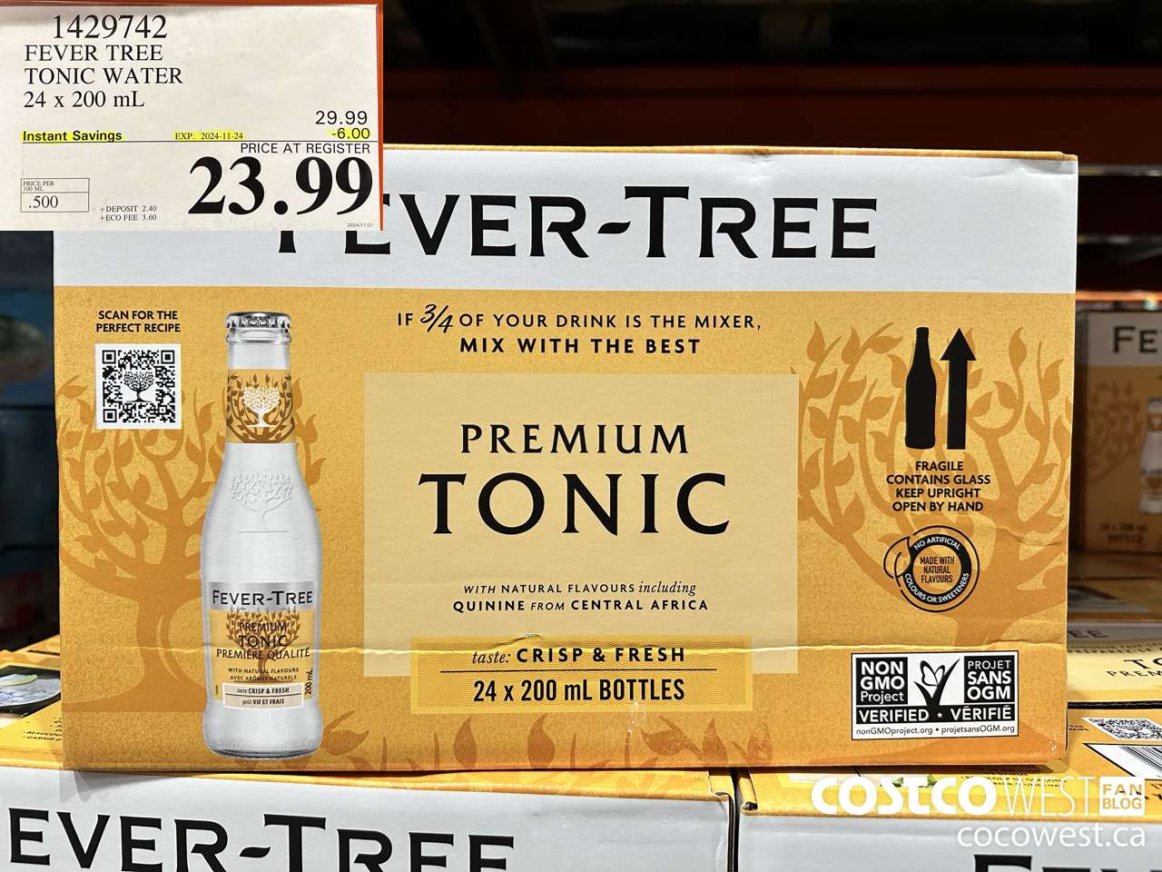 1429742 FEVER TREE TONIC WATER 24 x 200 mL ($6.00 INSTANT SAVINGS EXPIRES ON 2024-11-24) $23.99
