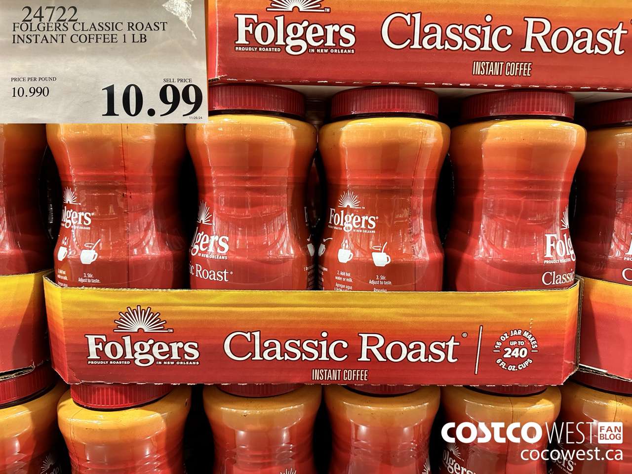 24722 FOLGERS CLASSIC ROAST INSTANT COFFEE 1 LB $10.99