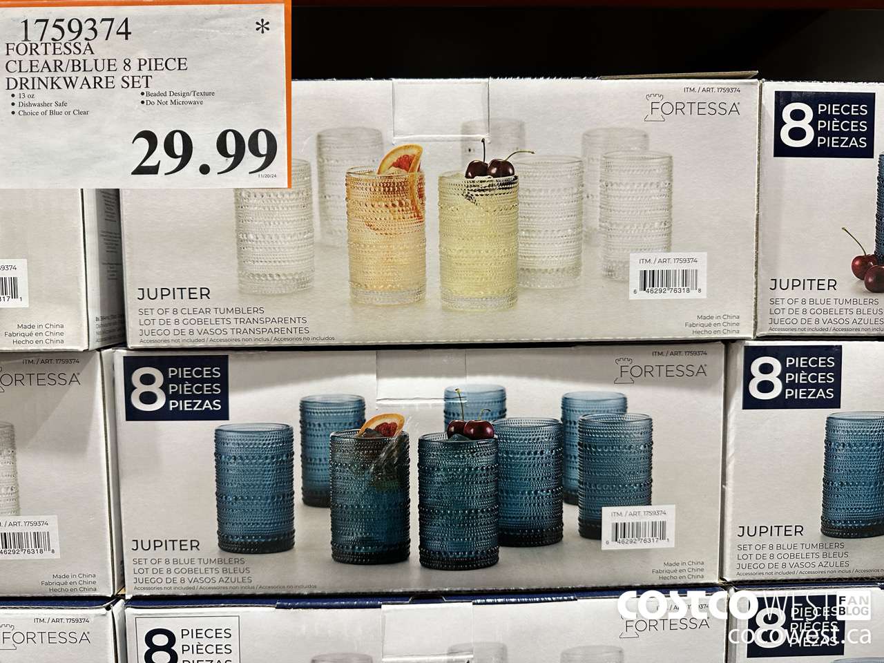 1759374 FORTESSA CLEAR/BLUE 8 PIECE DRINKWARE SET $29.99