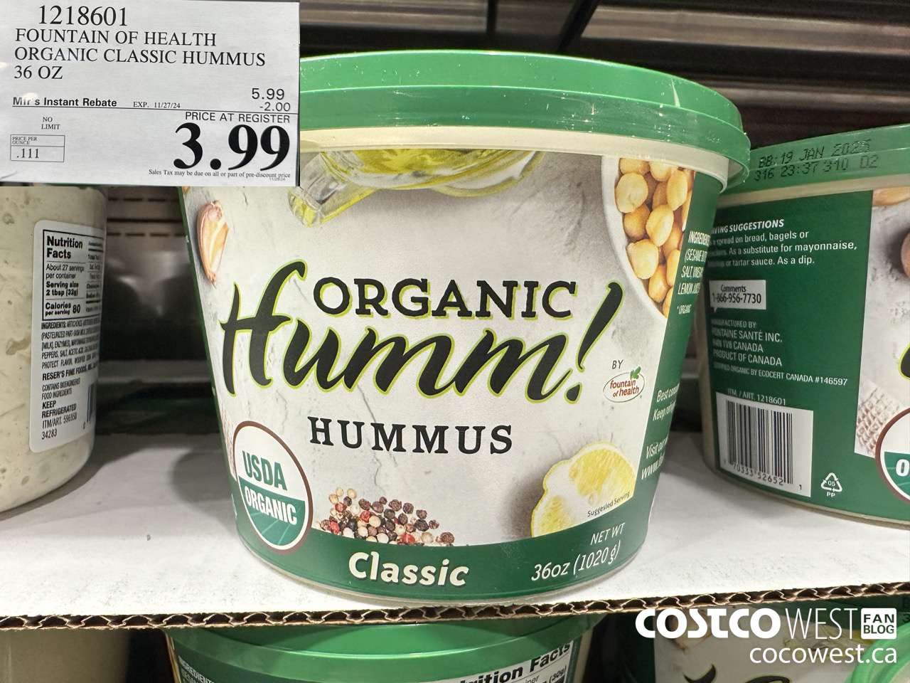 1218601 FOUNTAIN OF HEALTH ORGANIC CLASSIC HUMMUS 36 OZ ($2.00 INSTANT SAVINGS EXPIRES ON 2024-11-27) $3.99
